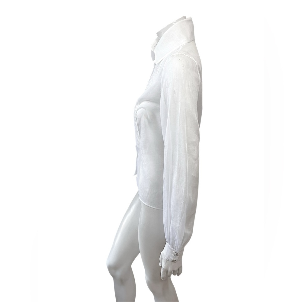 CHANEL White Silk Pleated Tuxedo Blouse CC Buttons 34 - Picture 5 of 10